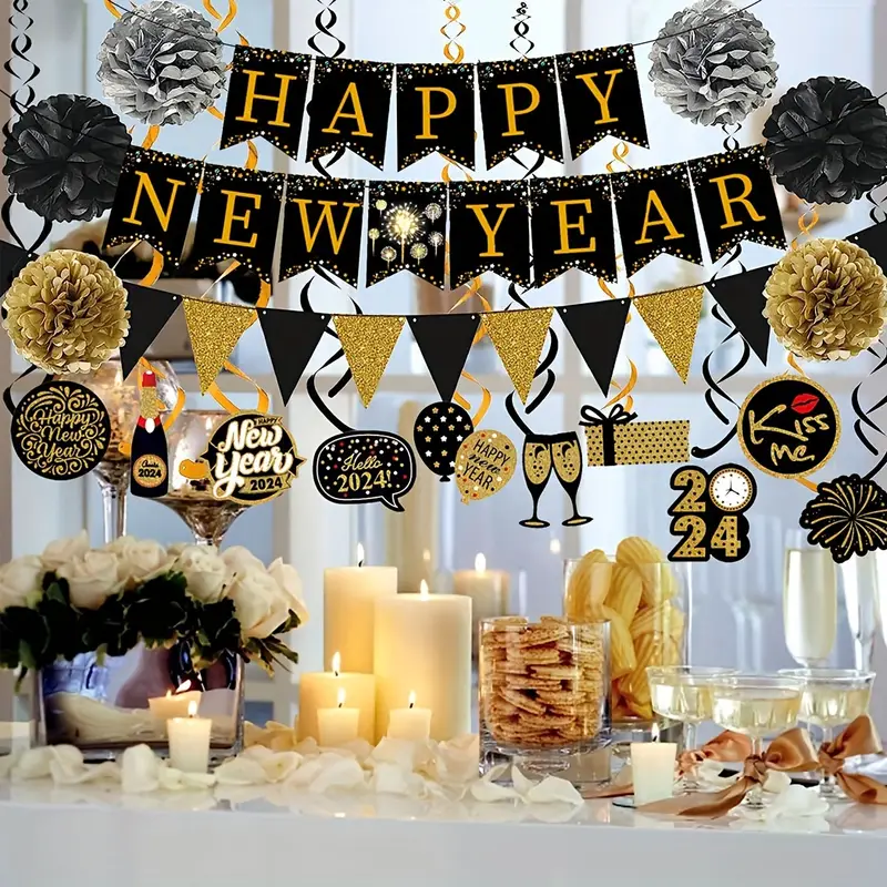 Nicro Happy New Year Set Black Banner With Golden Black Paper Flag ...